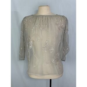 Jack Bryan Vintage Gray Sheer Beaded Butterfly Floral Blouse Top 3/4 Sleeve, Med